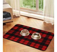 Plaid Red and Black Dog Food Mats for Floors, 12x18 Inch Non-Slip Super Absorbent Pet Food Mat, Dishwasher Dog Mat for Food and Water, Cute Rubber Quick Dry Pet Feeding Mat for Dogs Puppy Cats