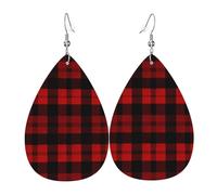 Plaid Red and Black Leather Earrings Dangle Drop Earring Lightweight Teardrop Earrings Vintage Bohemian Earring for Women Christmas Birthday Gift Fashion Jewelry
