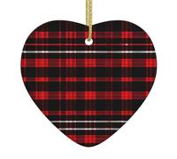 Plaid Red And Black Print Heart-Shaped Ceramic Christmas Ornament Festive Ornaments Holiday Xmas Tree Decor