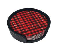 Plaid Red And Black Print Round Coasters Set Of 6,Coaster For Tabletop Protection Home Bar Decor