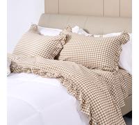 Plaid Ruffle Sheets Full Size 4-Piece Set, 100% Cotton Checker Sheet Set 16'' Deep Pocket Farmhouse Gingham Decorative Bedding,Soft, Breathable, Durable, Linen Feel（Taupe/White Plaid, Full)