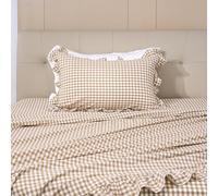 Plaid Ruffle Sheets Twin Size 3-Piece Set, 100% Cotton Checker Sheet Set 16'' Deep Pocket Farmhouse Gingham Decorative Bedding,Soft, Breathable, Durable, Linen Feel（Taupe/White Plaid, Twin)