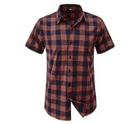 Plaid Shirts for Men Regular Fit Easy Care Short Sleeve Checked Casual Button Down Country Shirts Stretch Smart Business Casual Office Work Shirts Summer Tops Orange