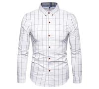 Plaid Shirts Men - Long Sleeve Shirt Fashion Plaid Button Down Shirts Casual Slim Fit Thin Plaid Dress Business Shirt Mens Vintage Striped Button Up Social Shirt for Party Daily Work White