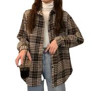 Plaid Shirts Women Single Breasted Casual Tops Turn Down Collar Loose Preppy All Match Coats-Black-M
