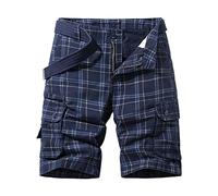 Plaid Shorts Men Multi-Pockets Cargo Short with Belt Plain Lightweight Half Pants Comfort Breathable Lounge Pant Loose Fit Jogger Halfpants Casual Smart Summer Trunks for Walking,Jogging Blue