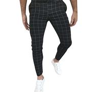 Plaid Suit Pants Men Skinny Stretchy Chinos Checked Smart Casual Business Office Work Trousers Slim Fit Tapered Leg Ankle Walking Trousers for Men UK with Pockets Black