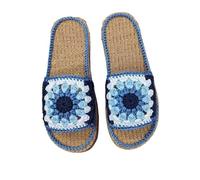 Plaid Sunflower Sandal Material Package DIY Hand-Woven Slippers Hook Woven Linen Slippers Flat Bottom(Blue,42-43)