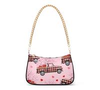 Plaid Truck Hearts Pink Floral Clutch Handbags Womens Shoulder Handbag Aesthetic Casual Hobo Purse Zipper Closure Chain Strap