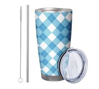 Plaid tumbler Pack Of 1 Lines Aesthetic Designs Checkered Geometric Artistic Tartan blue white Metal Stainless Can Cooler Shatterproof Travel Pool Outdoor Picnic With Lid drinking cup 20 Ounce
