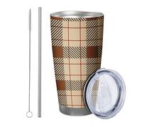 Plaid tumbler Pack Of 1 Vintage Farmhouse Artistic Designs Checkered Retro Geometric beige black Powder Coated Hot And Cold No Spill Travel Pool Outdoor Yard Picnic Stemless Double Wall 20 Ounce