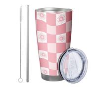 Plaid tumbler Set Of 1 Checkered Designs Artistic Aesthetic Flower Pattern Tartan pink white Metal Reusable No Spill Shatterproof Yard Outdoor Picnic gym office with straw Cold Drinks 20 Ounce