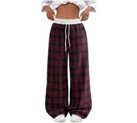 Plaid Wide Leg Trousers for Women UK - Elasticated Drawstring Waist, Ladies Cotton Linen Trousers Side Pockets for Street Style Everyday Casual Errands Travel