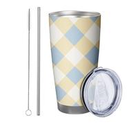 Plaid with lid and straw tumbler Tartan Artistic Designs Aesthetic Beautiful Farmhouse yellow blue Stainless Metal Hot And Cold No Spill Office Outdoor Club Dorm Coffee drinking cup 20 Ounce