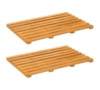 Plain Brown Wooden Bath Mat, 56 x 37 x 2.5 cm, Set of 2, Non-Slip with Ventilated Design for Bathroom, Shower, Sauna, Quick-Drying and Moisture-Resistant