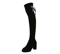 Plain Butterfly Rhinestone Chunky High Heel Stretch Overknee Boots, black, 6 UK