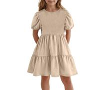 Plain Dresses for Girls Puff Sleeve Round Neck Dress for Teens Cute A Line Ruched Solid Color Dresses for Kids Cotton Linen Summer Casual Base Short Dress Holiday (Khaki, 12-13 Years)