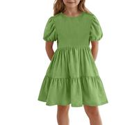 Plain Dresses for Girls Puff Sleeve Round Neck Dress for Teens Cute A Line Ruched Solid Color Dresses for Kids Summer Casual Base Short Dress for Holiday (Green, 5-6 Years)