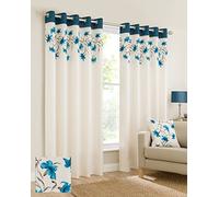 Plain faux silk look eyelet ring top teal blue cream brown fully lined curtains lily flowers floral leaves 90x90 inches 229cmx229cm drop eyelet ring top ready made