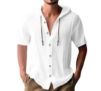 Plain Hoodies Men Summer Short Sleeve Casual Button Down Drawstring Athletic Hooded Sweatshirts Lightweight Cotton Beach Yoga Tee Shirts Tops White