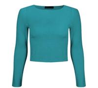 Plain Long Sleeve Round Neck Women Crop Tops T Shirt Stretchy Cropped Lightweight Stretchy Basic Solid Ladies T Shirts UK 8-14 Teal