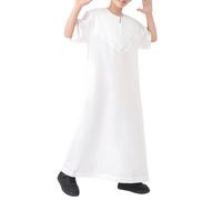 Plain Muslim Robe for Boys Kids Long Kaftan With Crew Neck Teens Short Sleeve Abaya Soft Loose Fit Coat Half Zip Front Shirt Casual Lightweight Breathable Gown (White, 13-14 Years)