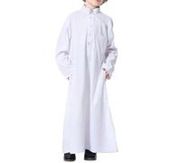 Plain Muslim Robe for Boys Kids Long Kaftan With pocket Teens Short Sleeve Abaya Soft Loose Fit Coat Half Zip Front Shirt Casual Lightweight Breathable Gown (White, 3-4 Years)
