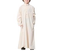 Plain Muslim Robe for Boys Kids Long Kaftan With pocket Teens Short Sleeve Abaya Soft Loose Fit Coat Half Zip Front Shirt Casual Lightweight Breathable Gown (Beige, 9-10 Years)