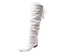 Plain Peated Bow Tie Back Thick Heel Long Boots, White, 9 UK