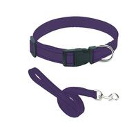 Plain Purple Colour Dog Collar And Lead Matching Set Combo Pet Reflective Adjustable Comfortable Accessory Small Medium 33cm - 50cm