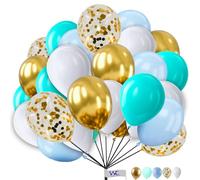 Plain Round Balloons 10 Inch White Aqua & Gold Light-Blue Balloons with Gold Confetti for Birthday Decorations Pack of 25 Latex Balloons for Kids Party Baby Shower Engagement Wedding Party.