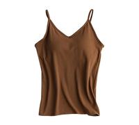 Plain Round Neck Vest Built-in Cotton Bra Padded T-Shirt Thin Straps Blouse Casual Top Sleeveless Shirt Linen Summer Tops Tunic Comfortable Tops Soft Tank Top, Brown, XL
