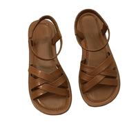 Plain Sandals for Women Size UK 4.5 Leather Strappy Dressy Summer Retro Comfortable Casual Elastic Ankle Strap Sandals Non Slip Shoes Beach Holiday Outdoor Trendy Ladies Footwear Brown