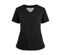 Plain Scrub Tunic Casual Uniform Black Top Carers Professional Lightweight Solid Color V Neck Short Sleeve Scrubs Shirt with Pockets Work Tops for Women UK (Black, M)
