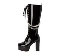 Plain Square Thick High Heels Platform Shiny Women Boots Lacing Pearl Chain Fashion Store High Boots, black, 6 UK