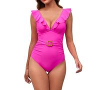 Plain Swimsuit with Tie Back and Peplum Belt, pink, S