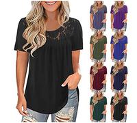 Plain T Shirts for Women UK Soft Pleated Short Sleeve T-Shirt Crewneck Loose Tee Solid Colour Lightweight Tunic Tops Simple T Shirt Lace Patchwork Pullover Swing Blouses Ladies Longline Shirts