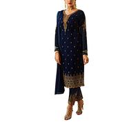 Plain Wedding Georgette Zari Gold Embroidery Salwar Kameez Suit with Cutwork Dupatta (Size-46/ Navy Blue)