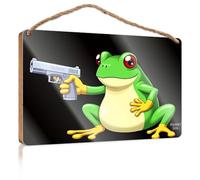 Plain Wood Signs for Crafts A Cartoon Frog Holding A Gun Fall Front Door Decor Funny Hunting Gifts(23X35CM)