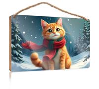 Plain Wood Signs for Crafts A Fluffy Orange Cat Wearing A Red Scarf in A Snowy Forest Fall Front Door Decor Funny Hunting Gifts(23X35CM)