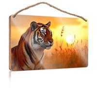 Plain Wood Signs for Crafts A Majestic Tiger Stands in A Golden Field As The Sun Sets Fall Front Door Decor Funny Hunting Gifts(15X28CM)