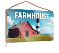Plain Wood Signs for Crafts A Red Barn and Lighthouse with The Word Farmhouse Above It Fall Front Door Decor Funny Hunting Gifts(15X28CM)
