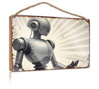 Plain Wood Signs for Crafts A Retro-Style Illustration of A Robot Fall Front Door Decor Funny Hunting Gifts(15X28CM)