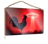 Plain Wood Signs for Crafts A Rooster Stands Under A Glowing UFO Fall Front Door Decor Funny Hunting Gifts(23X35CM)