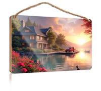 Plain Wood Signs for Crafts A Serene Lakeside House with Vibrant Flowers in Bloom Fall Front Door Decor Funny Hunting Gifts(20X30CM)