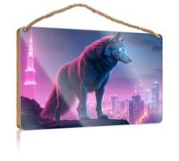 Plain Wood Signs for Crafts A Wolf Stands On A Rocky Outcrop Overlooking A Neon-lit Cityscape Fall Front Door Decor Funny Hunting Gifts(23X35CM)