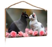 Plain Wood Signs for Crafts Two Cats Sitting Among Pink Roses Fall Front Door Decor Funny Hunting Gifts(15X28CM)