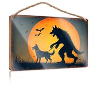 Plain Wood Signs for Crafts Wolf Leading Dog Under Full Moon Fall Front Door Decor Funny Hunting Gifts(15X28CM)