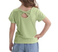 Plain Yellow Girls Summer Short Sleeve T-Shirt Back Bow Design Round Neck Casual Top Soft Breathable Toddler Kids Tee Everyday Wear Outdoor Play Comfortable (Green, 3-4 Years)