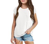 Plain Yellow T Shirt Kids Girls Summer Hooded Original T-Shirt Casual Loose Fit Crewneck Pocket Tees for Beach Vacation School Outing Comfortable Top (White, 9-10 Years)